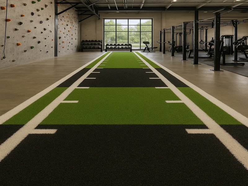 Close-up shot showing the dense green fibers and resilient texture of a short-pile nylon workout turf.